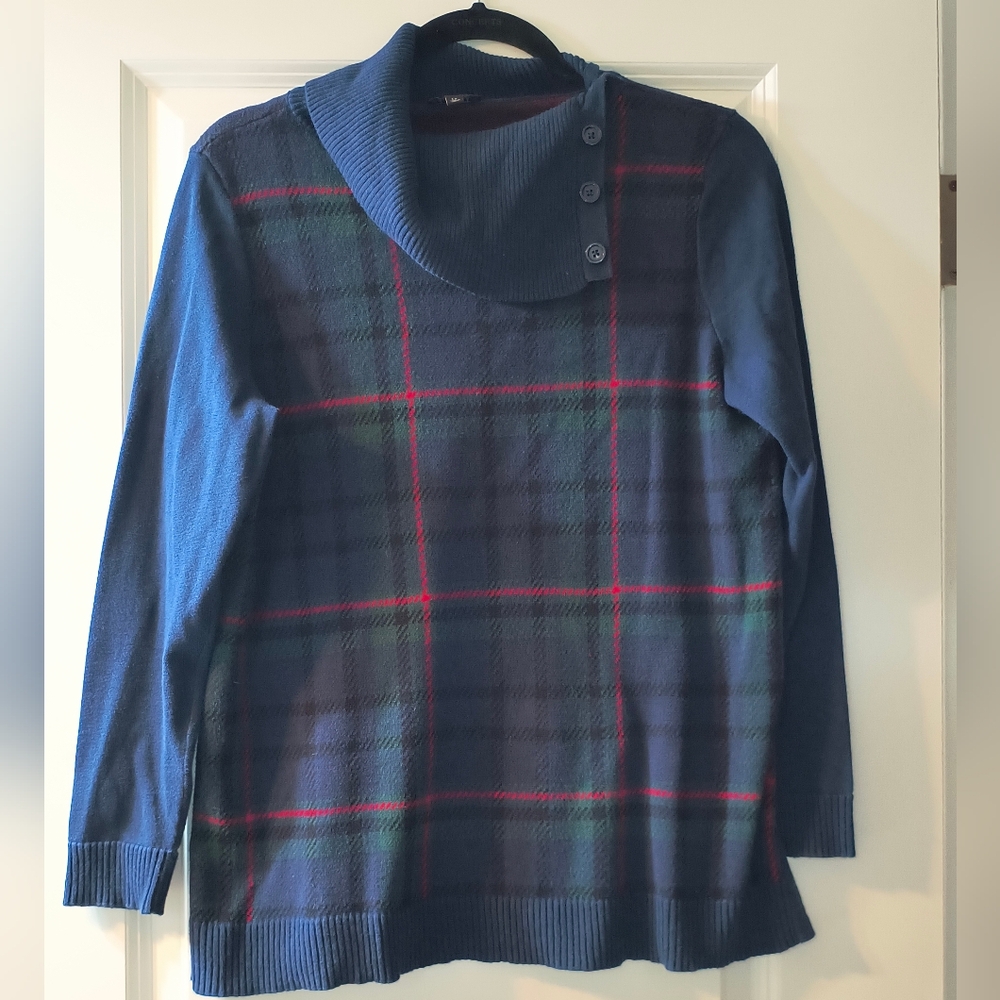 Talbots Plaid Button-Up Turtleneck Sweater Petite Large